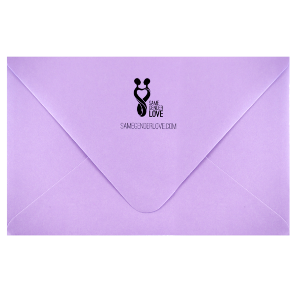 A purple envelope with a black and white logo.