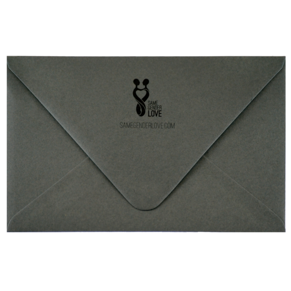 A gray envelope with a black logo on it.