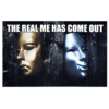 A poster of two masks with the words " the real me has come out ".