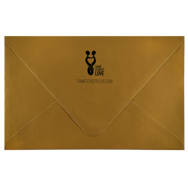 A brown envelope with a black logo on it.