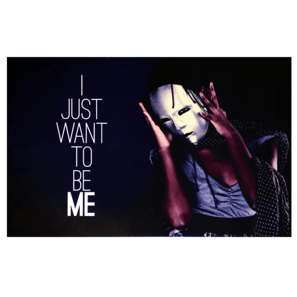 A person with a mask on and the words " i just want to be me ".