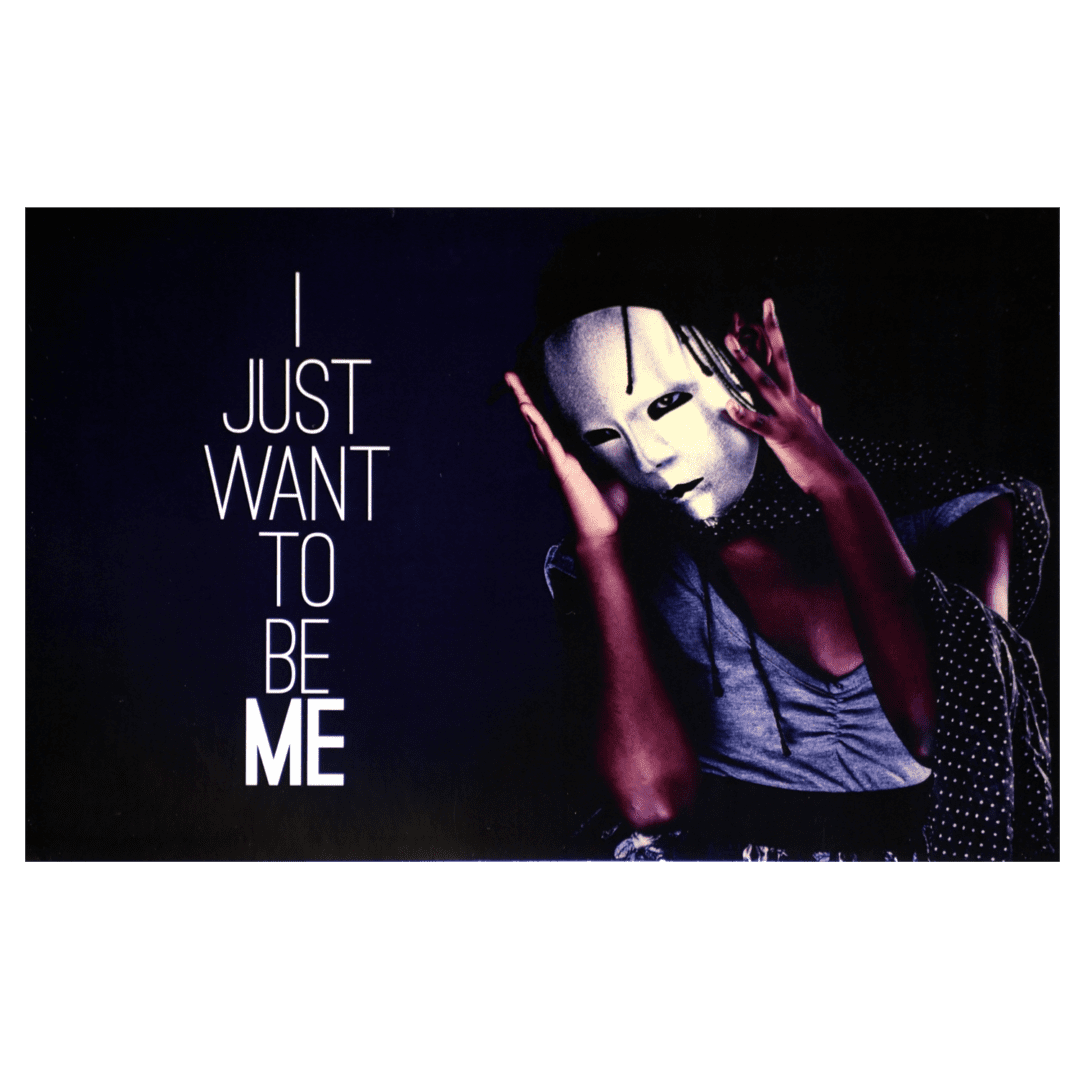 A person with a mask on and the words " i just want to be me ".