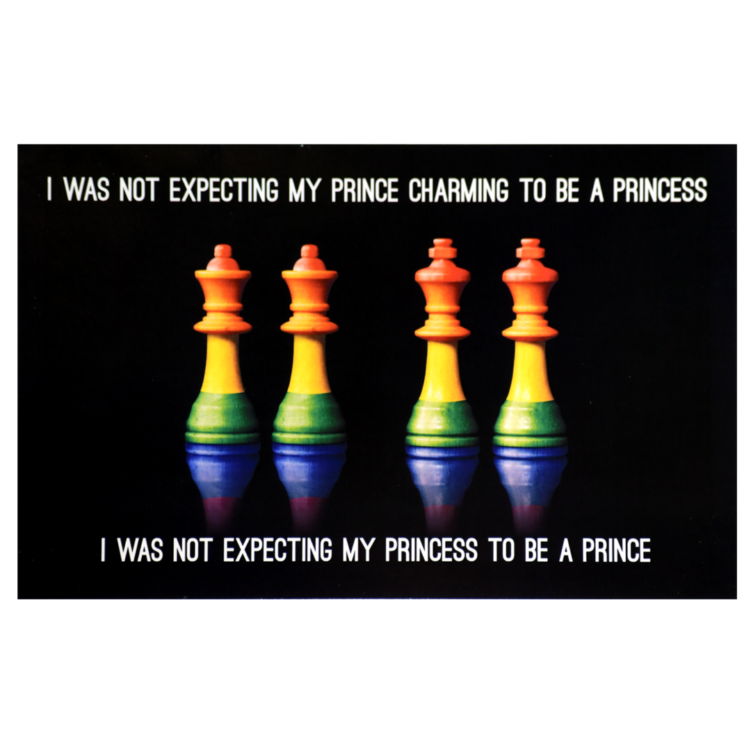 A group of chess pieces with the words " i was not expecting my prince charming to be a princess ".