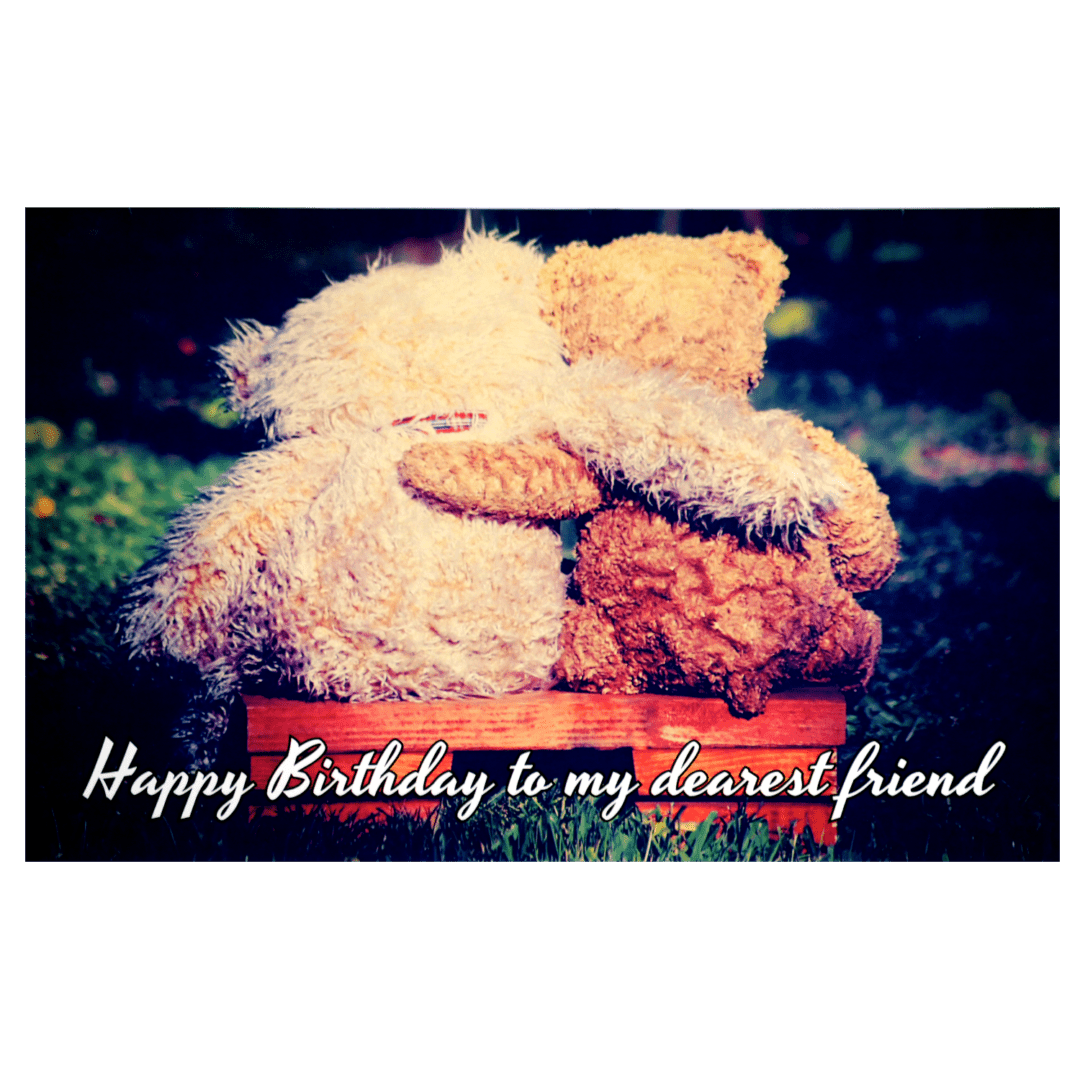 A birthday card with three teddy bears in the grass.