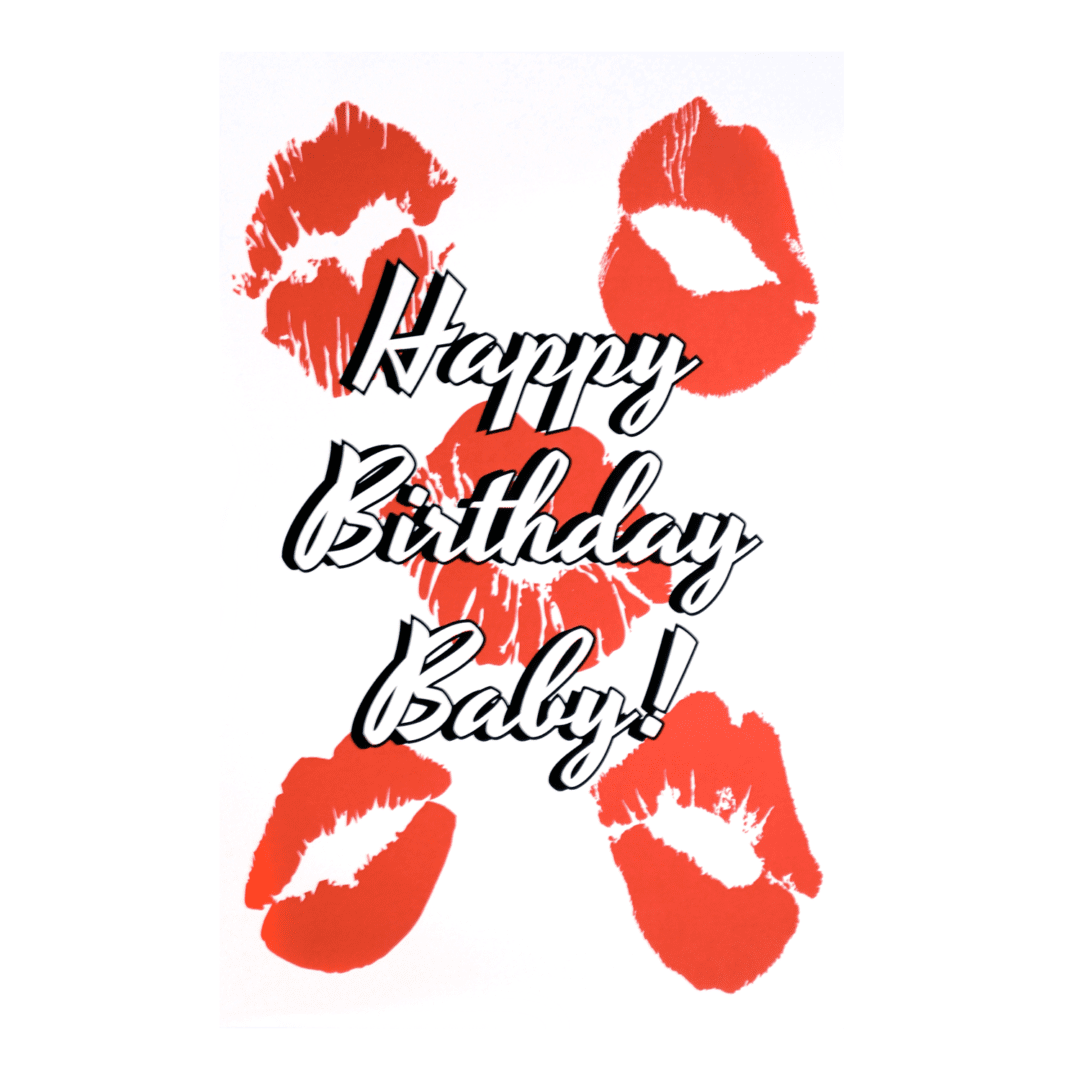 A card with red lipstick kisses on it.