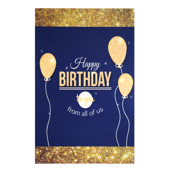 A birthday card with gold balloons and blue background