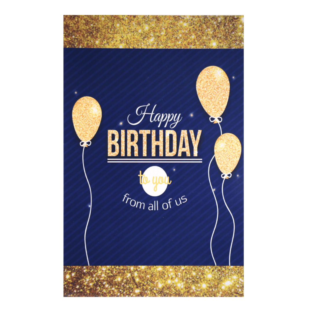 A birthday card with gold balloons and blue background