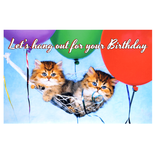 A birthday card with three kittens and balloons.