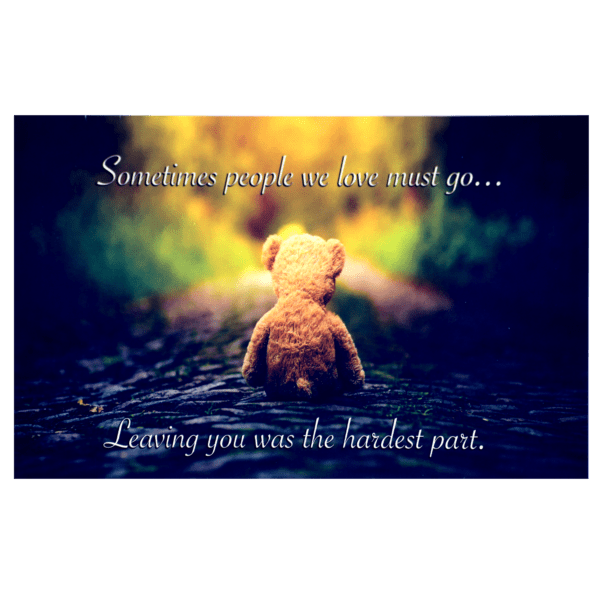 A teddy bear sitting on the ground with a quote.