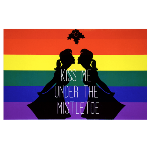 A rainbow flag with two silhouettes of people in the background.