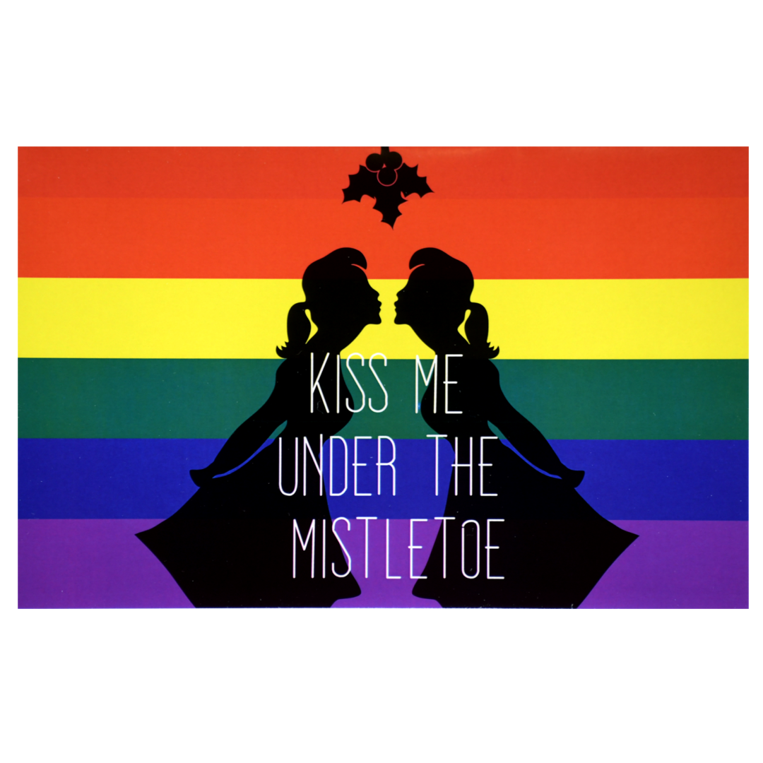 A rainbow flag with two silhouettes of people in the background.