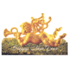 A gold statue of a lion with horns on it's back.