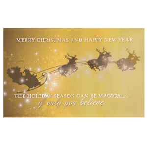 A christmas card with santa and his sleigh.