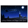 A christmas card with a sleigh and santa claus flying in the sky.