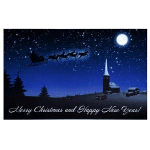 A christmas card with a sleigh and santa claus flying in the sky.