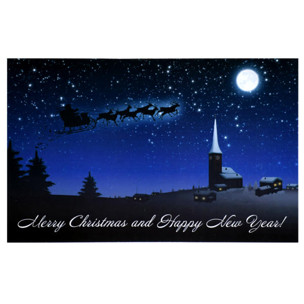 A christmas card with a sleigh and santa claus flying in the sky.