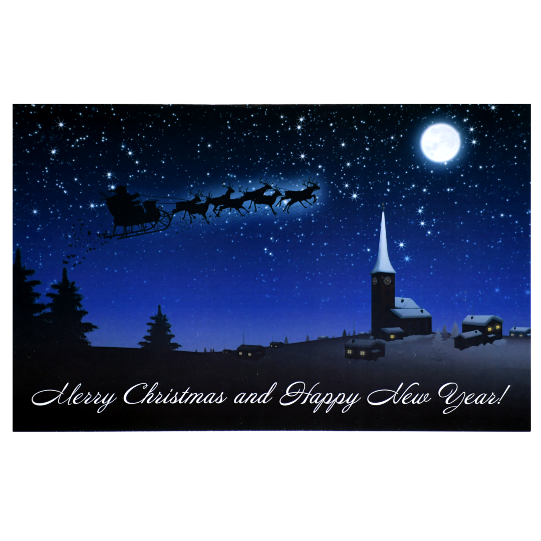 A christmas card with a sleigh and santa claus flying in the sky.