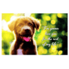 A brown dog with a pink tongue and a quote.