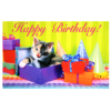 A cat laying in a box with birthday presents.