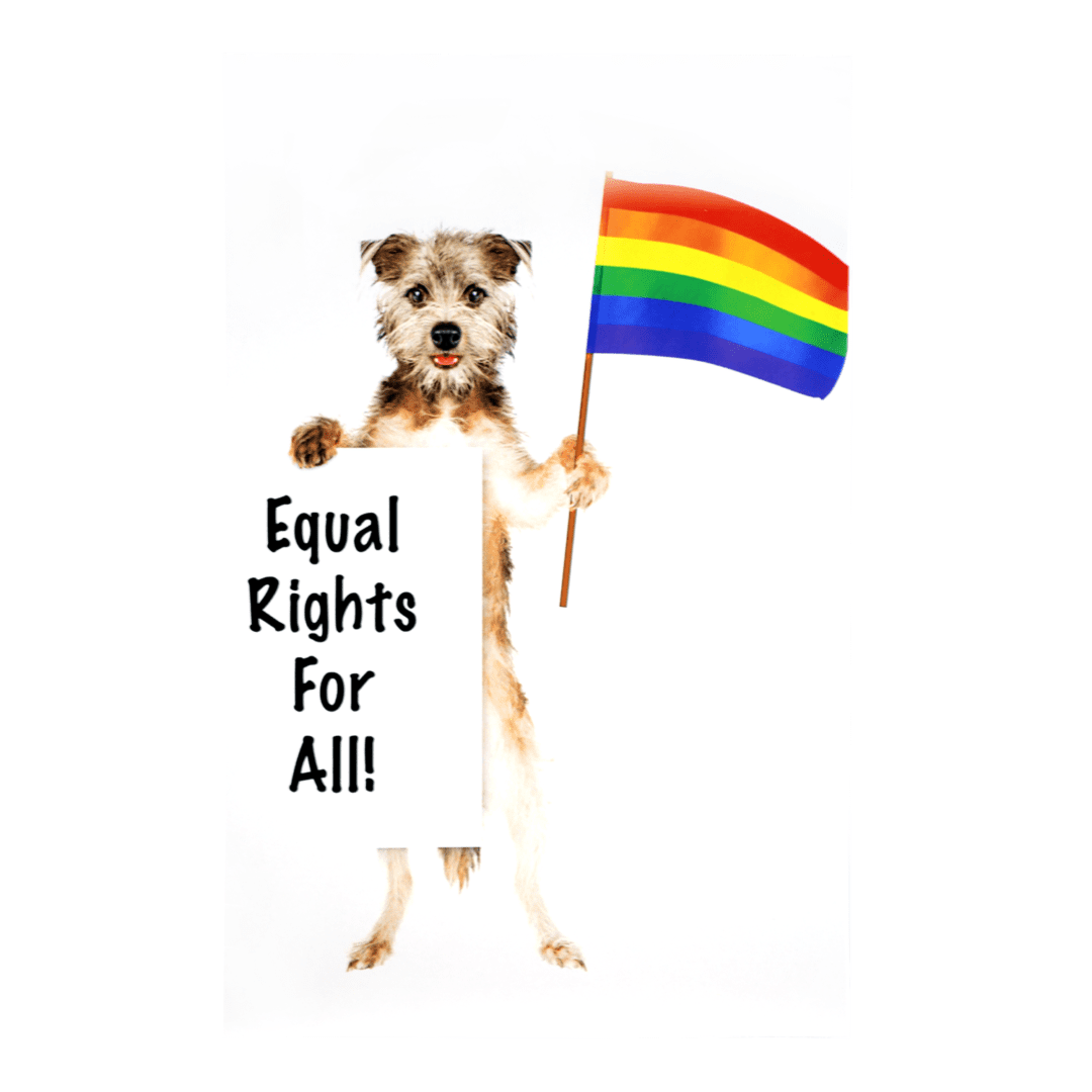 A dog holding a sign and a rainbow flag.