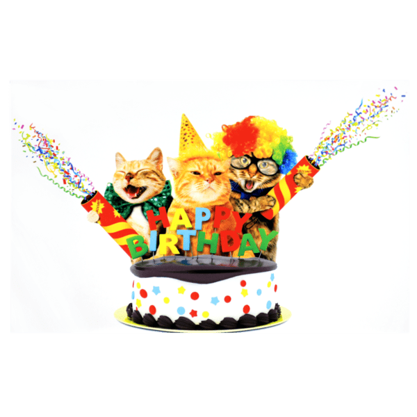 A cat birthday cake with candles and a clown.