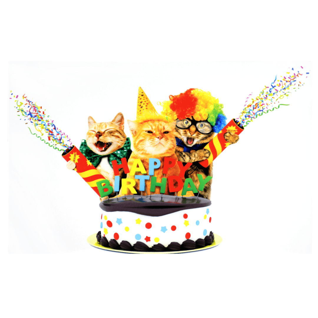 A cat birthday cake with candles and a clown.