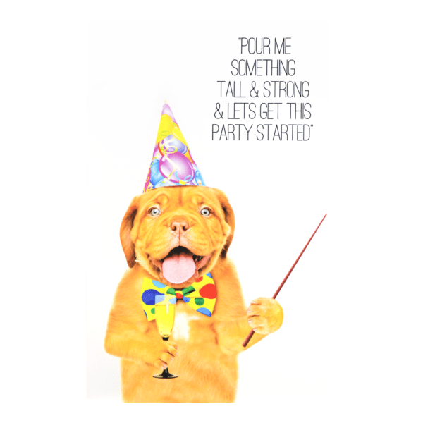 A dog wearing a party hat and holding a wand.