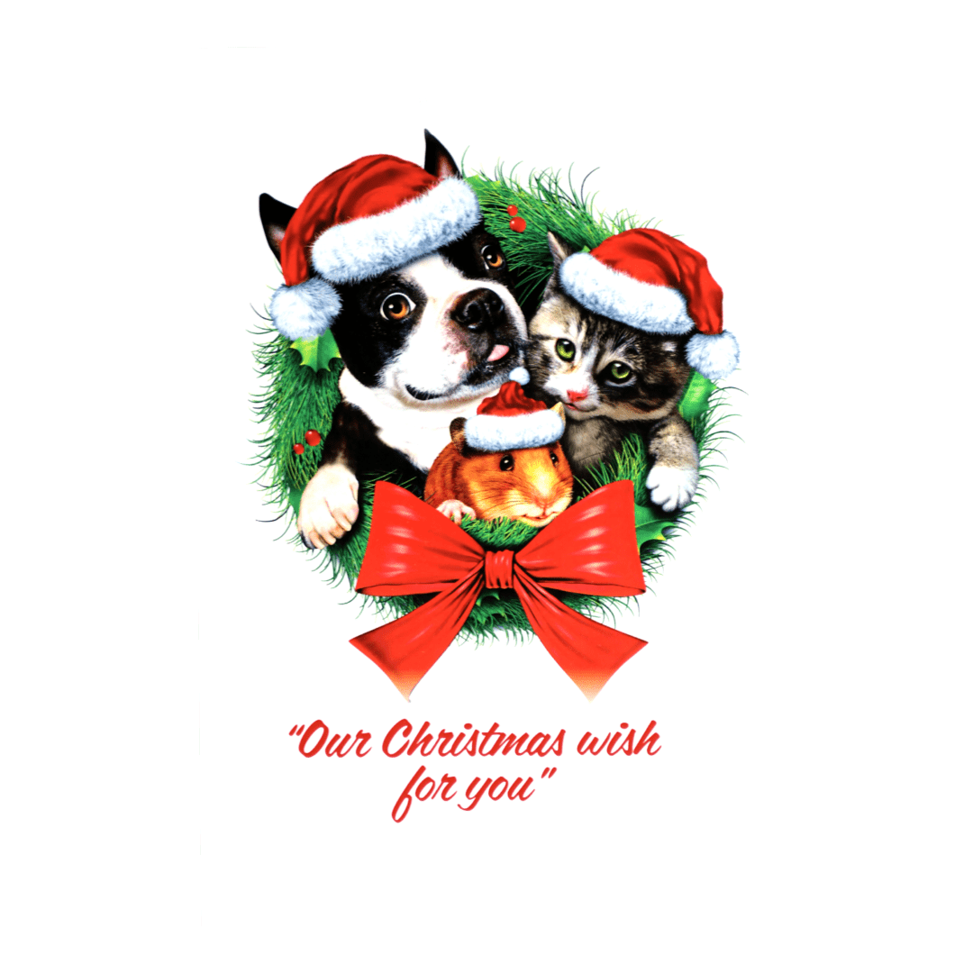 A christmas card with two dogs wearing santa hats.