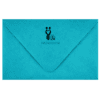 A blue envelope with a black logo on it.