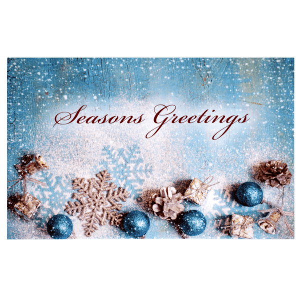 A christmas card with blue ornaments and snow flakes.