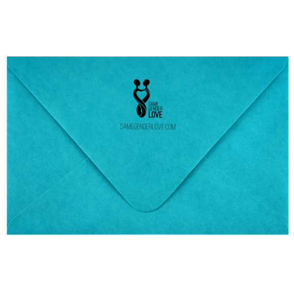 A blue envelope with a black logo on it.