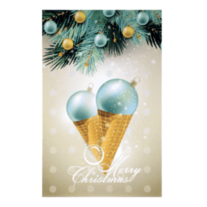A christmas card with two ice cream cones and ornaments.