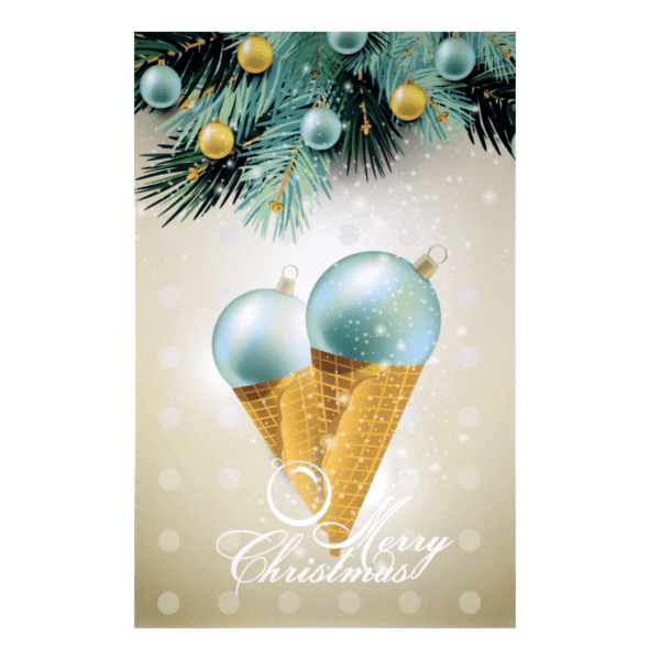 A christmas card with two ice cream cones and ornaments.