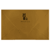A brown envelope with a black logo on it.
