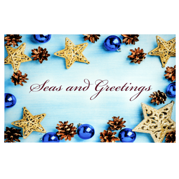 A blue and white card with christmas decorations