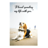 A dog sitting on the beach with a quote.