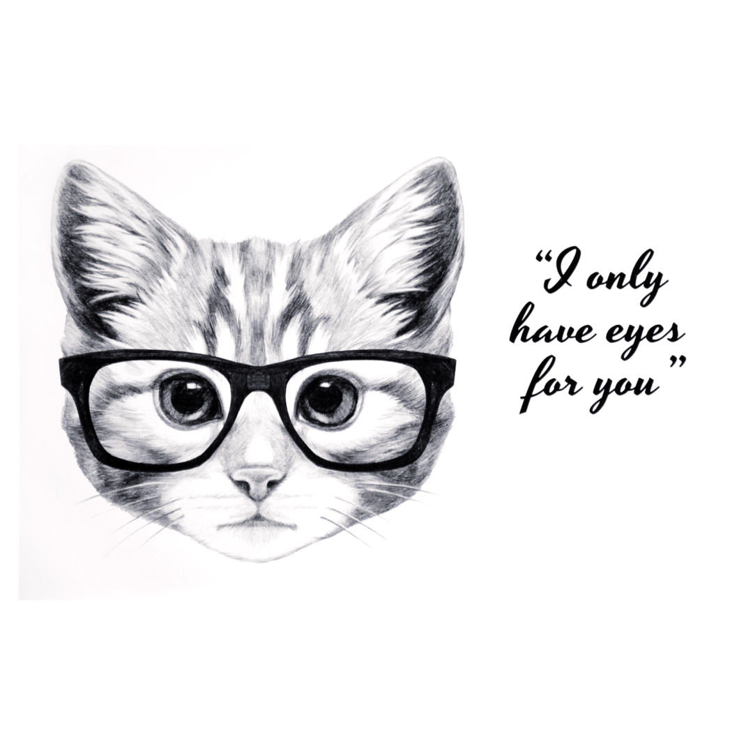 A cat wearing glasses with the quote " i only have eyes for you ".