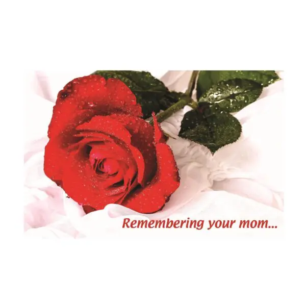 A red rose with leaves on it and the text " remembering your mom ".