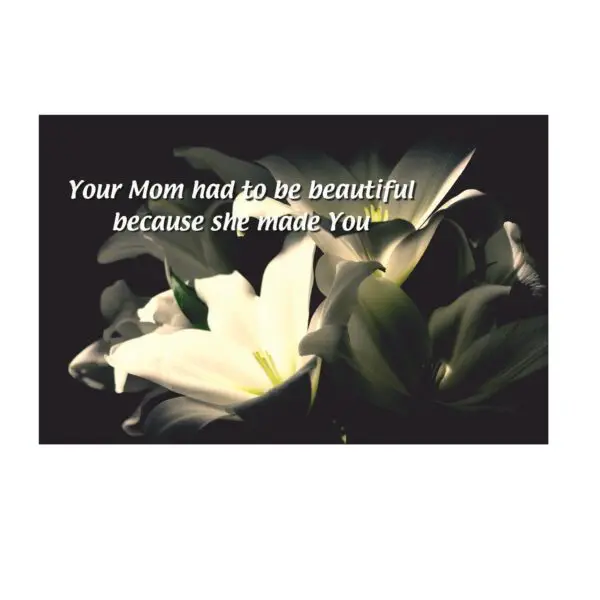 A card with a picture of flowers and the message " your mom had to be beautiful because she made you."