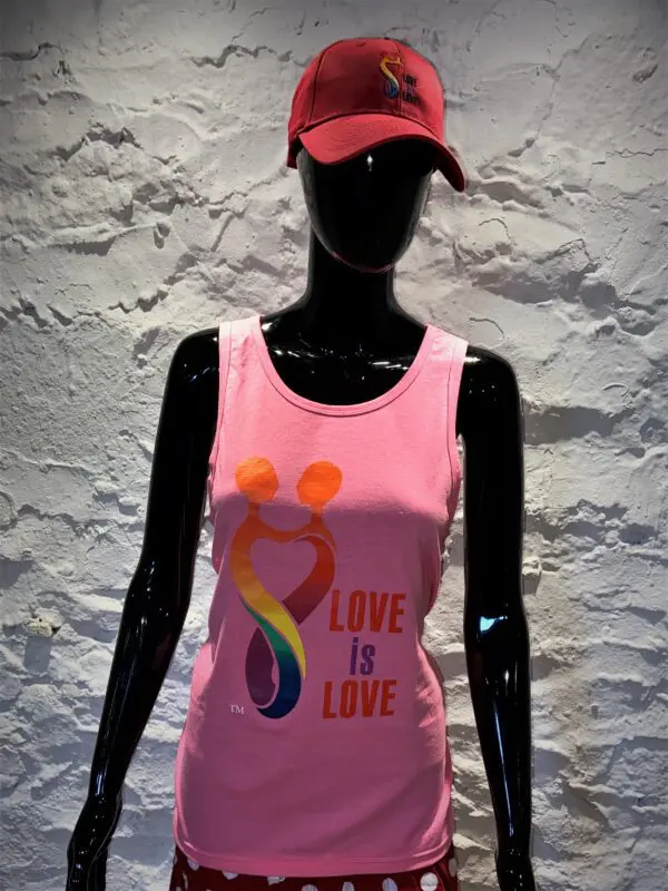 A pink tank top with the words " love is love ".