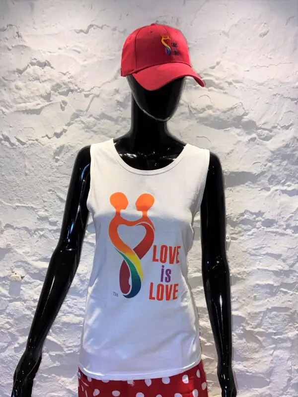 A white tank top with the words " love is love ".