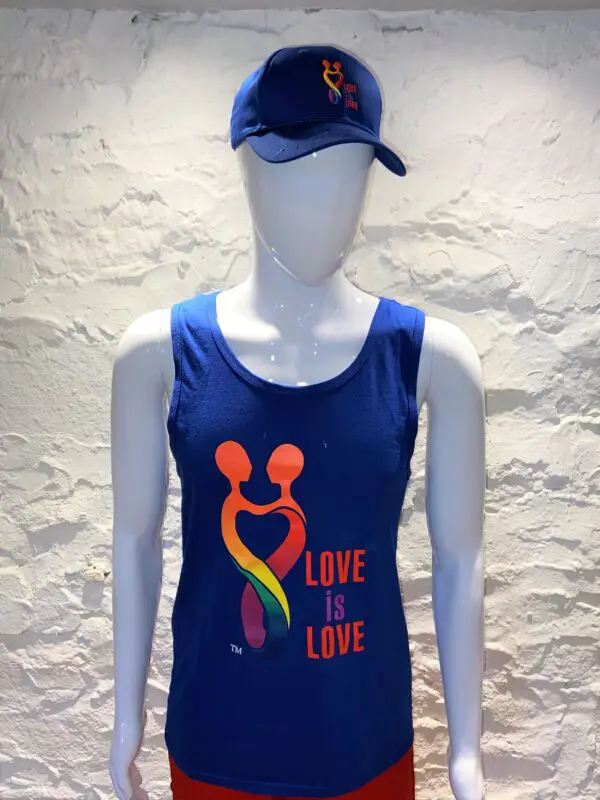 A blue tank top with the words " love is love ".