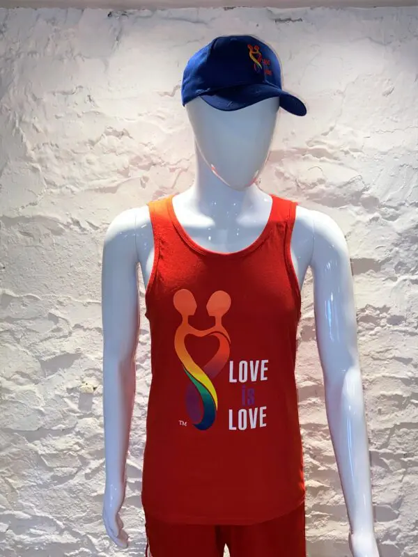 A red tank top with the word love and mickey mouse on it.