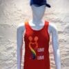 A red tank top with the word love and mickey mouse on it.