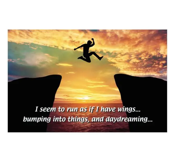 A man jumping over two rocks with the words " i seem to rise as if i have wings, bumping into things and daydreaming ".