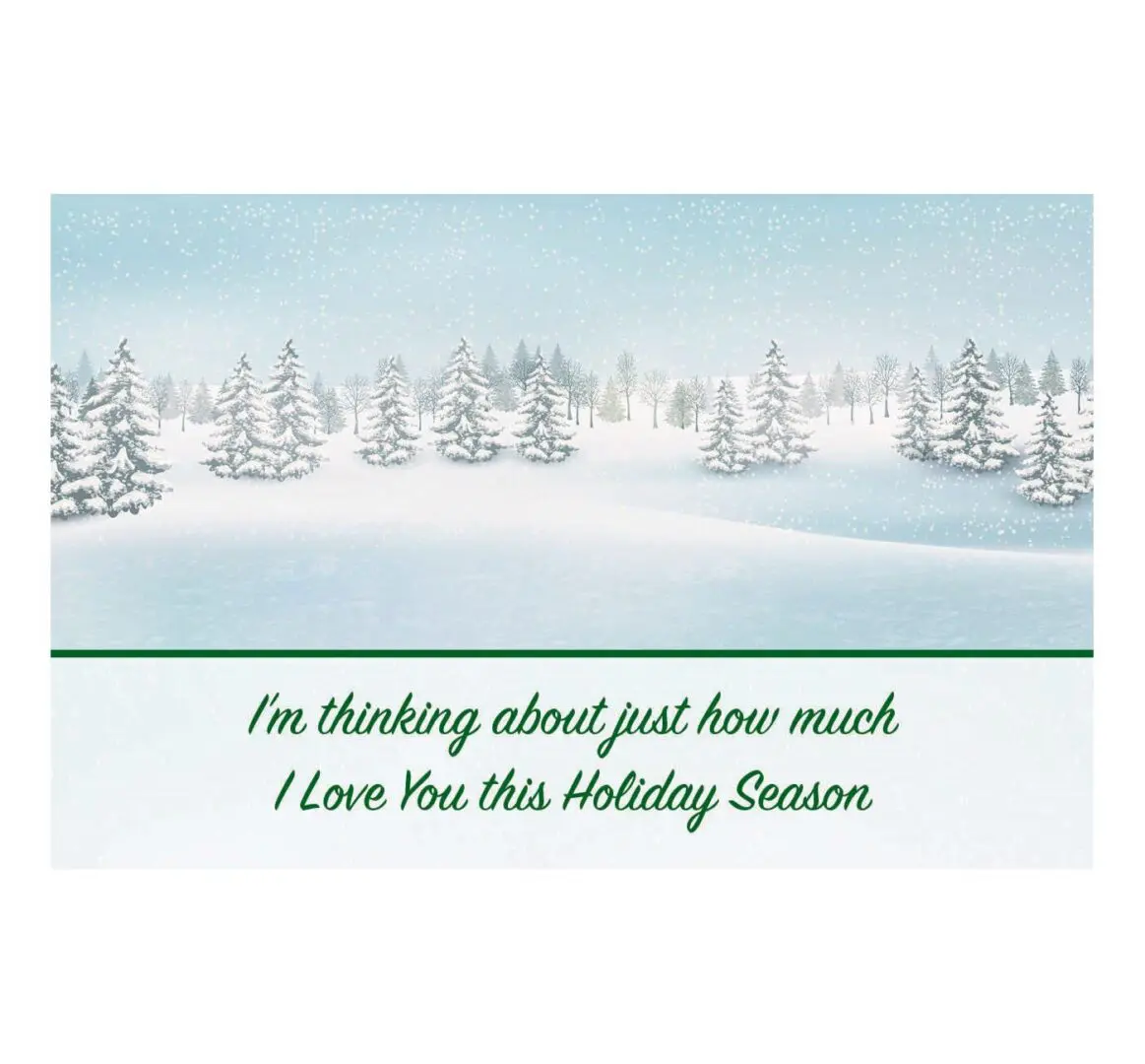 A card with trees and snow in the background.