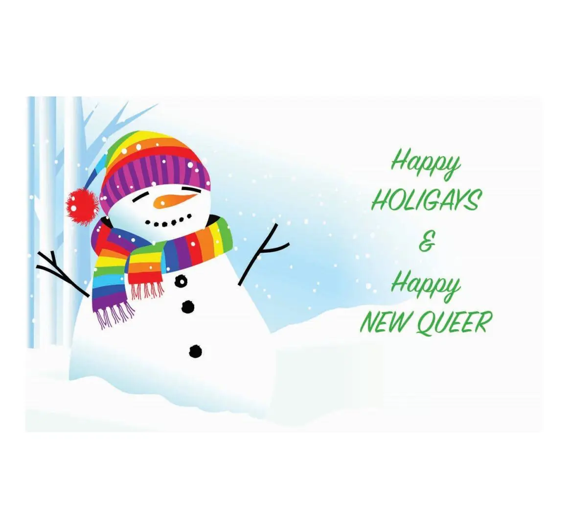 A snowman with a rainbow scarf and hat.