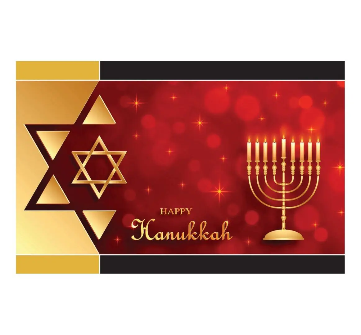 A red and gold hanukkah card with a star of david.