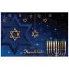 A blue and gold hanukkah card with stars hanging from the sky.