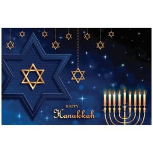 A blue and gold hanukkah card with stars hanging from the sky.